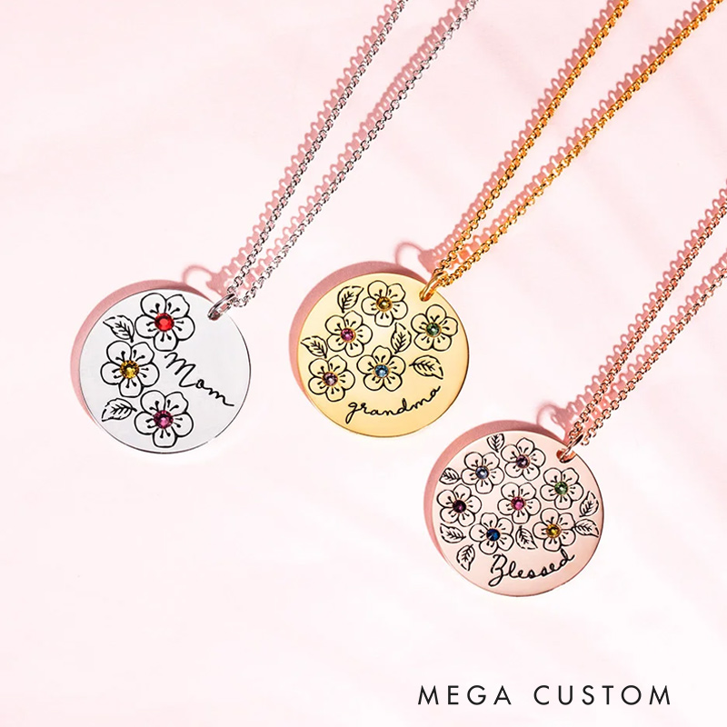 Personalized Family Birthstone Sakura Flower Necklace with Engraved Name Dainty Jewelry Mother's Day Birthday Gift for Her