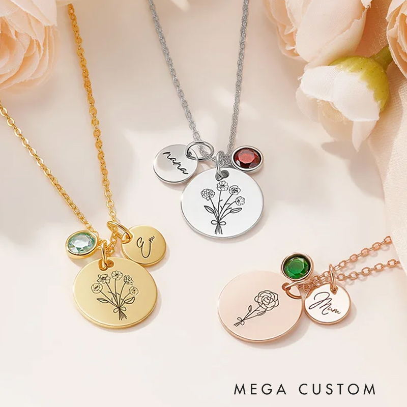 Personalized Disc Birth Flower Birthstone Pendant Necklace with Engraved Name Dainty Jewelry Mother's Day Birthday Gift for Her