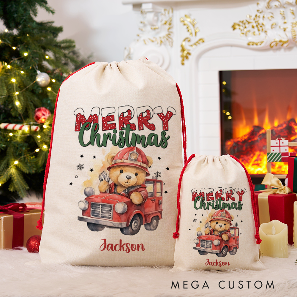 Personalized Merry Christmas Sack with Firefighter Theme Adorable Teddy Bear Design Perfect Holiday Gift for Firefighters