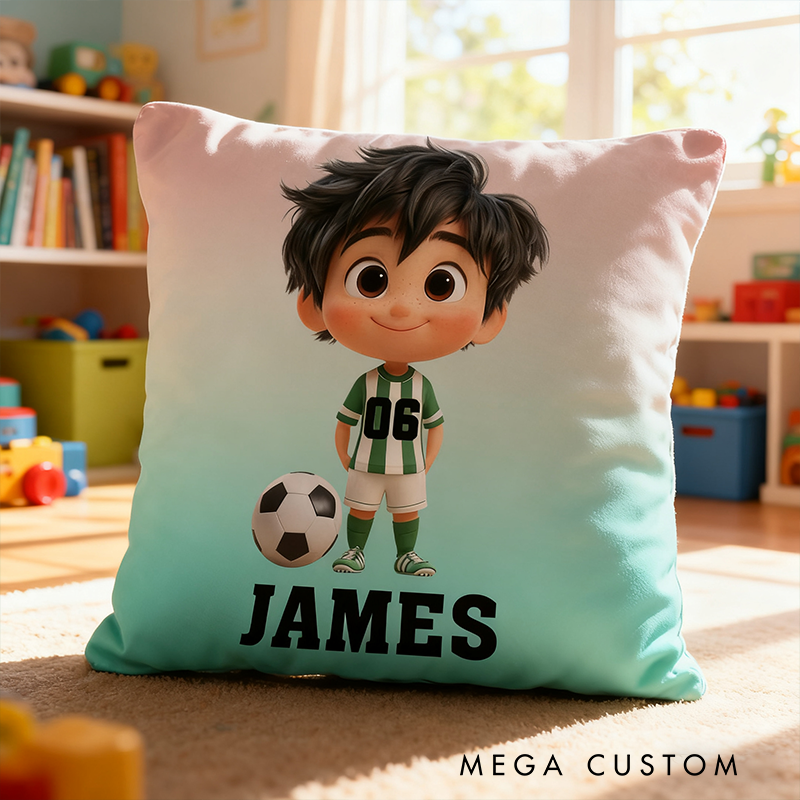 Personalized Soccer Pillow with Custom Name and Cute Cartoon Character Design