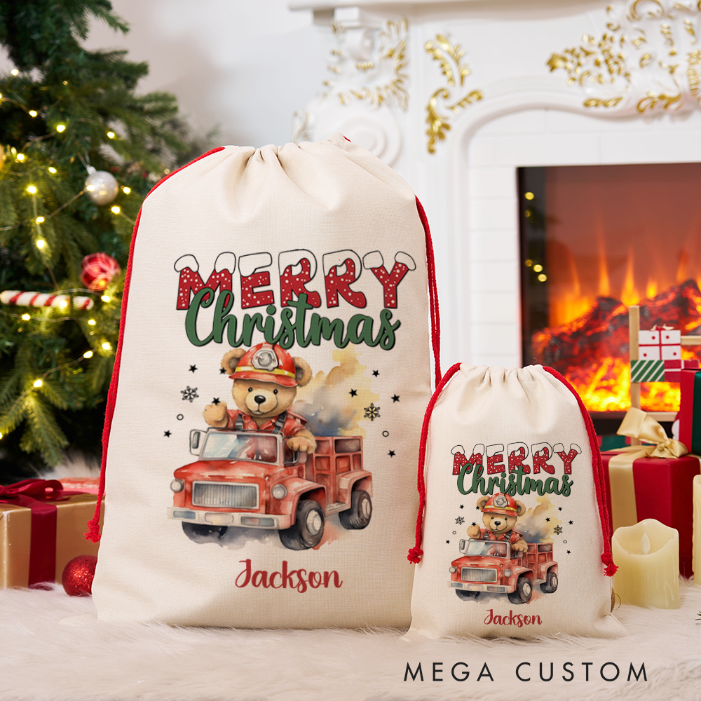 Personalized Merry Christmas Sack with Firefighter Theme Featuring Adorable Teddy Bear Design Perfect Holiday Gift for Firefighters