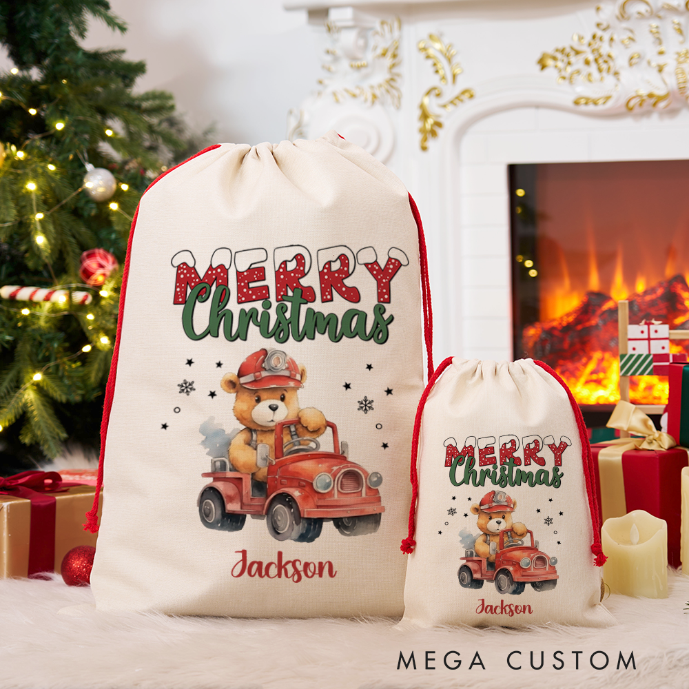 Personalized Merry Christmas Sack with Firefighter Cute Teddy Bear in Fire Truck Design Perfect Holiday Gift for Firefighters