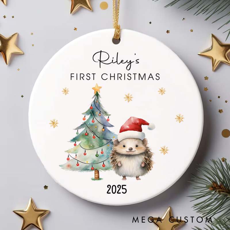 Personalized Hedgehog First Christmas Ornament Highlighting Festive Holiday Scene Christmas Ornament