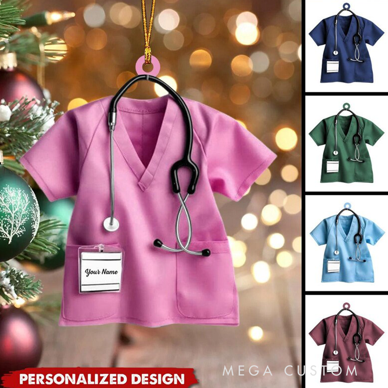 Personalized Scrubs Ornament with Stethoscope Custom Name Acrylic Ornament Christmas Gift for Nurse