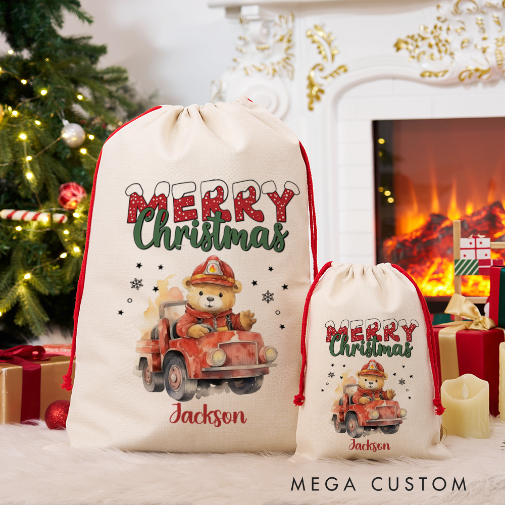 Personalized Merry Christmas Sack with Firefighter Teddy Bear Driving a Fire Truck Perfect Holiday Gift for Firefighters