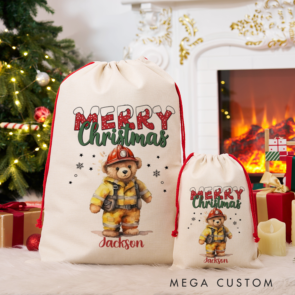 Personalized Merry Christmas Sack with Firefighter Theme Teddy Bear in Firefighter Gear Perfect Holiday Gift for Firefighters