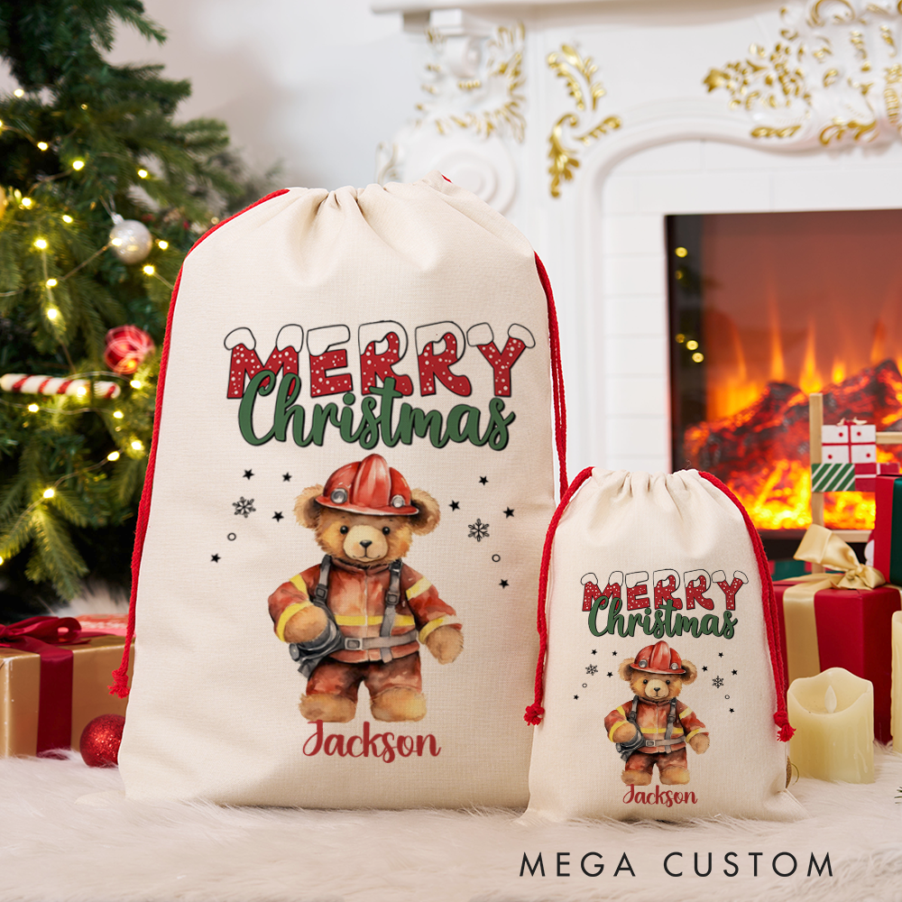 Personalized Merry Christmas Sack with Firefighter Teddy Bear in Firefighter Uniform Perfect Holiday Gift for Firefighters