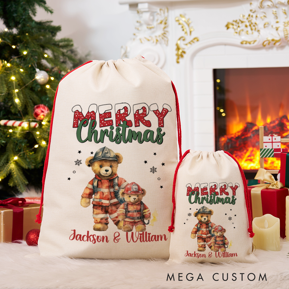 Personalized Merry Christmas Sack with Firefighter Teddy Bears in Firefighter Uniforms Perfect Holiday Gift for Firefighters