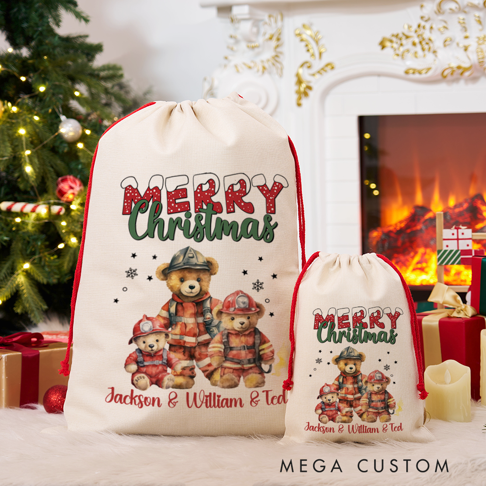 Personalized Merry Christmas Sack with Firefighter Design Perfect Holiday Gift for Firefighters