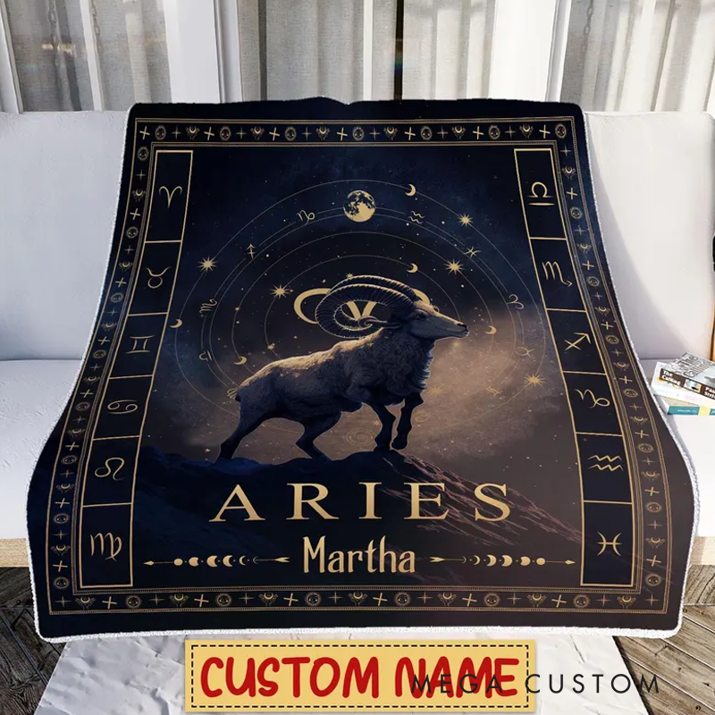 Personalized Zodiac Aries Blanket Customized Name Constellations Blanket 12 Horoscope Astrology Blanket, Horoscope Blanket Gift for Aries