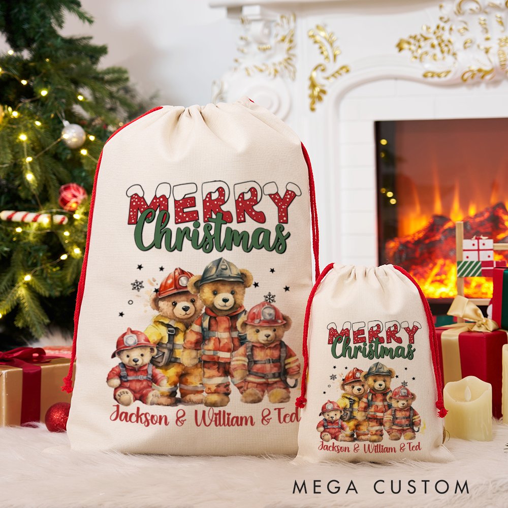 Personalized Merry Christmas Sack Teddy Bear Family with Firefighter Design Perfect Holiday Gift for Firefighters
