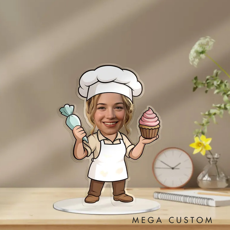 Personalized Baker Figurine Christmas Ornament Photo Caricature Portrait Desk Name Ornament Acrylic Shelf Sign Bakery Shop Decor for Baking Lover Gift