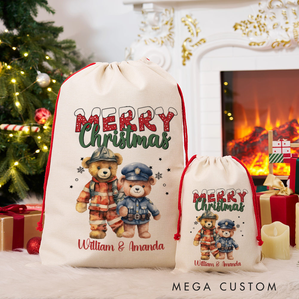 Personalized Merry Christmas Sack Firefighter and Police Officer Design Perfect Holiday Gift