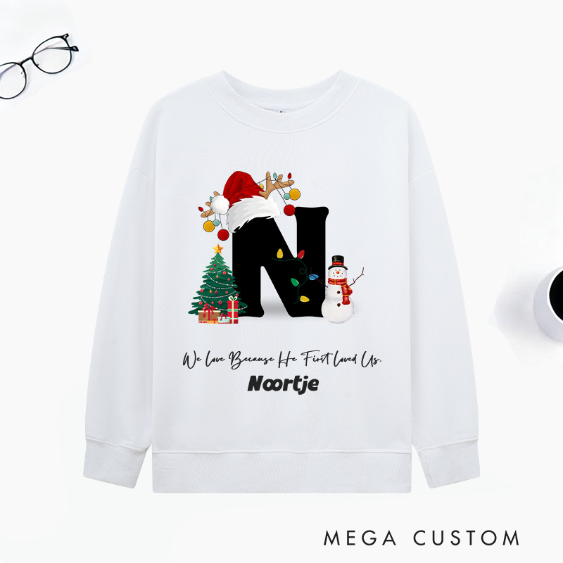 Personalized God’s Love Christmas Trees Snowmen Multicolor Classic Sweatshirt with Initial and Name Religious Christmas Gift for Couple Family Friends