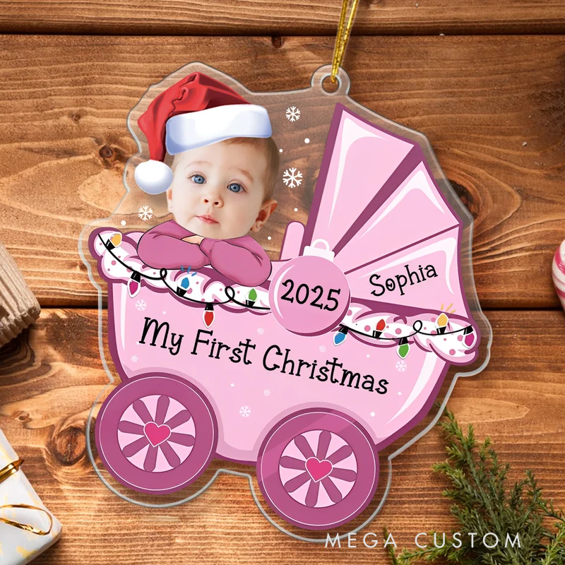Personalized Cute Stroller Baby's First Christmas Face Photo Acrylic Ornament with Name and Year Home Decoration Christmas Gift for Babies