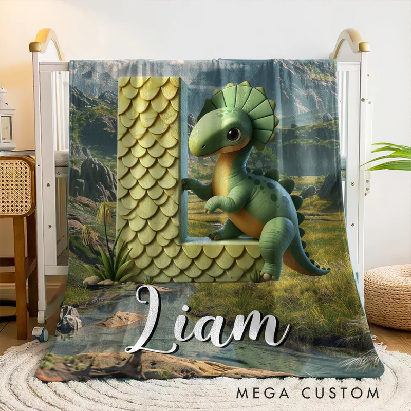 Personalized 3D Dinosaur Multicolor Soft Throw Blanket with Initial and Name Home Decor Christmas Gift