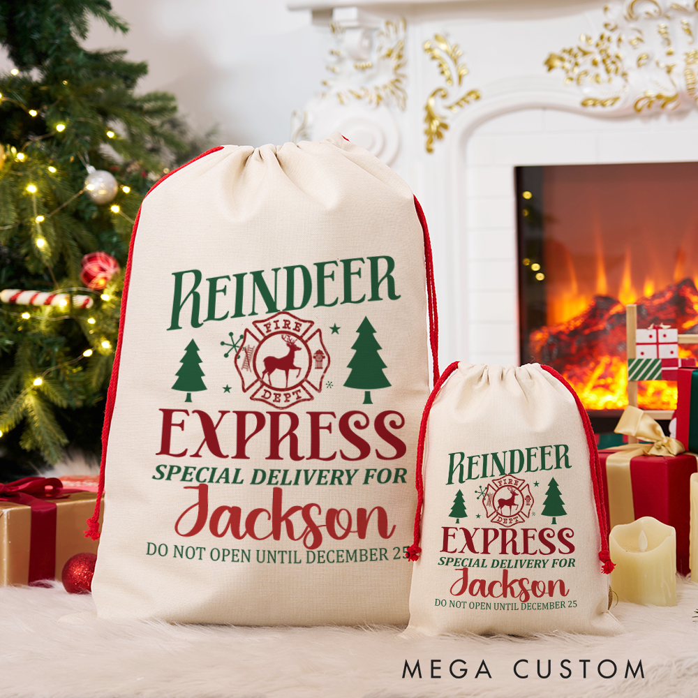 Personalized Reindeer Express Christmas Sack Special Delivery Design for Firefighter Holiday Gifts