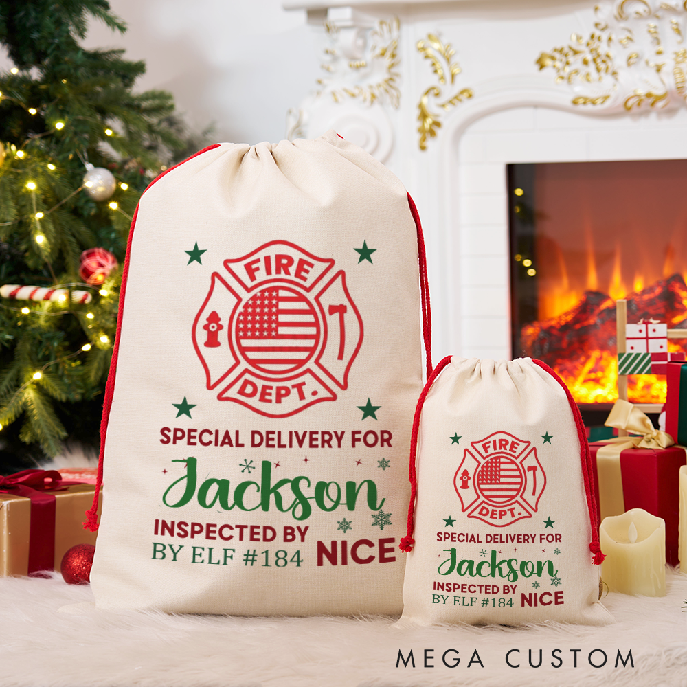 Personalized Firefighter Christmas Sack with Fire Department Design Special Delivery for Holiday Gifts