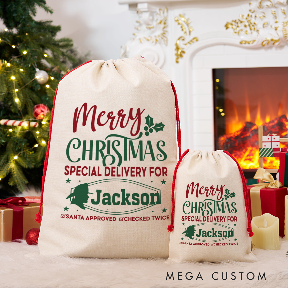 Personalized Merry Christmas Sack Special Delivery Design Santa Approved Perfect for Firefighter Holiday Gifts