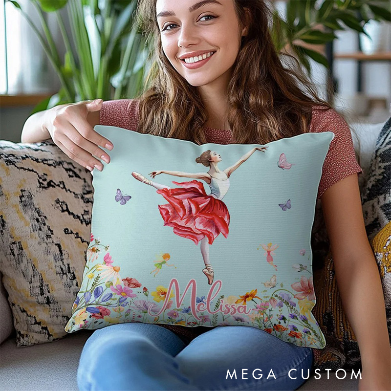 Personalized Birth Flower Butterfly Ballet Girl Throw Pillow Home Decor Birthday Gift for Girls Women Dancers