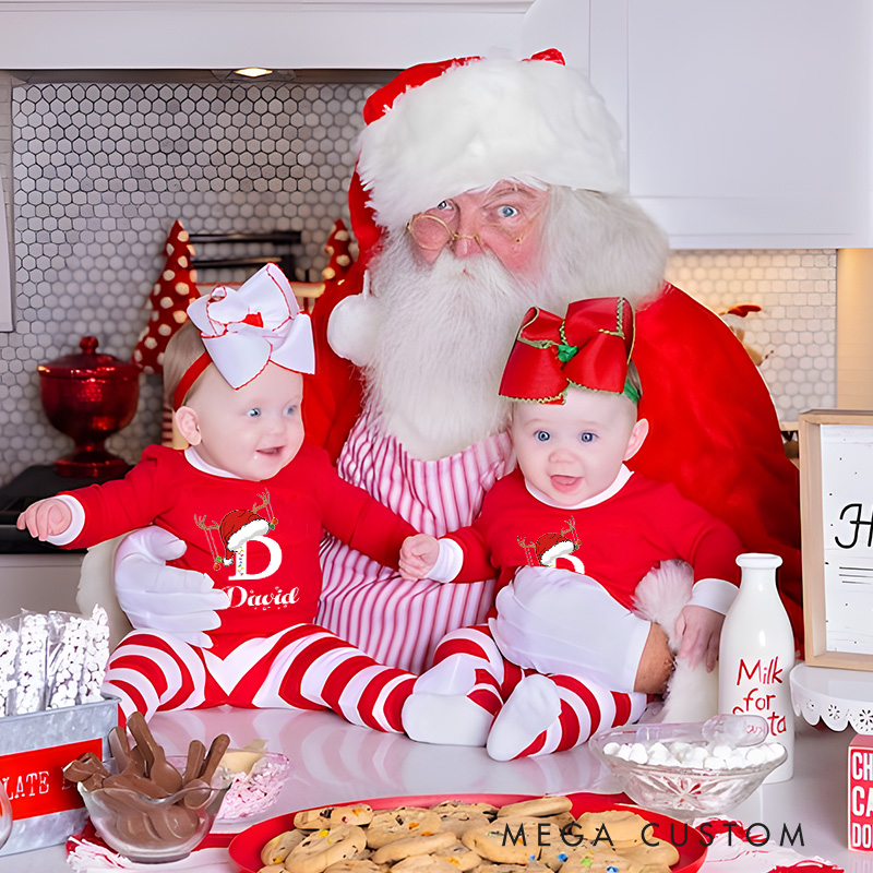 Personalized Reindeer Initial Kids Pajamas with Festive Red and White Stripes for a Joyful Holiday Season