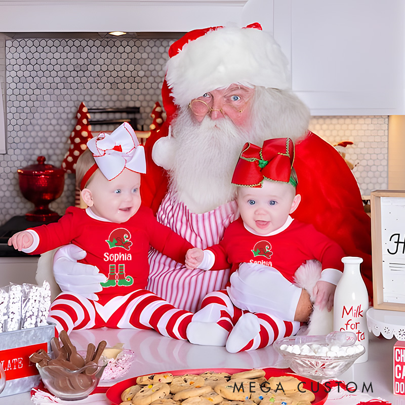 Personalized Elf Initial Kids Pajamas with Christmas Hat and Stripes for a Playful Holiday Look