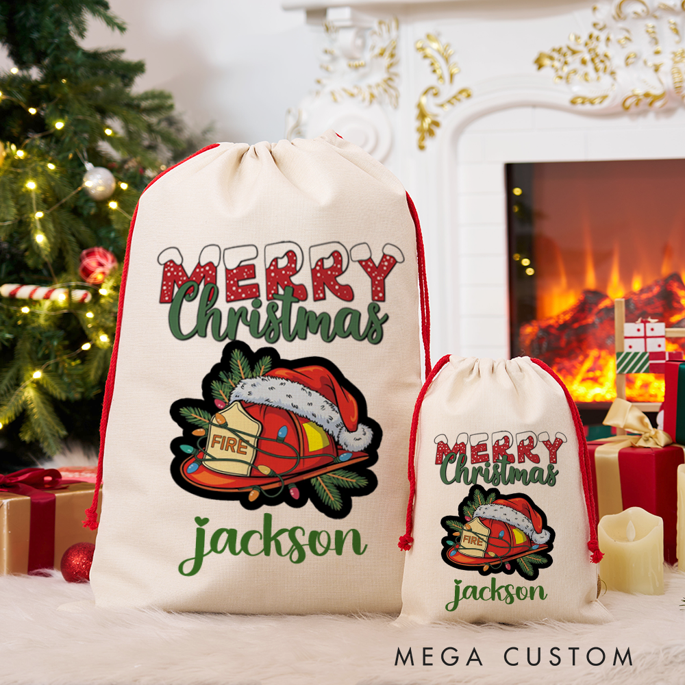 Personalized Merry Christmas Sack Firefighter Helmet Design Perfect for Holiday Gifts