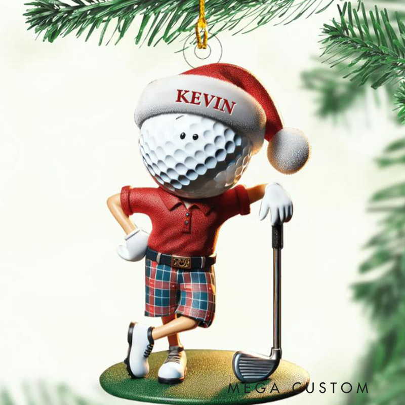 Personalized 3D Acrylic Golf Ornament with Santa Hat and Custom Name  