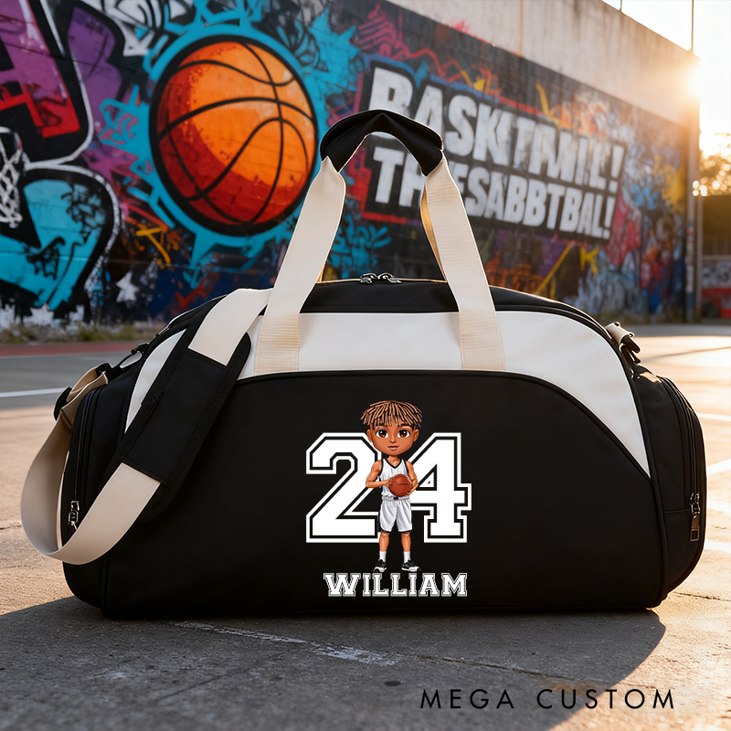 Personalized Sports Duffel Bag with Custom Name, Number, and Cartoon Design