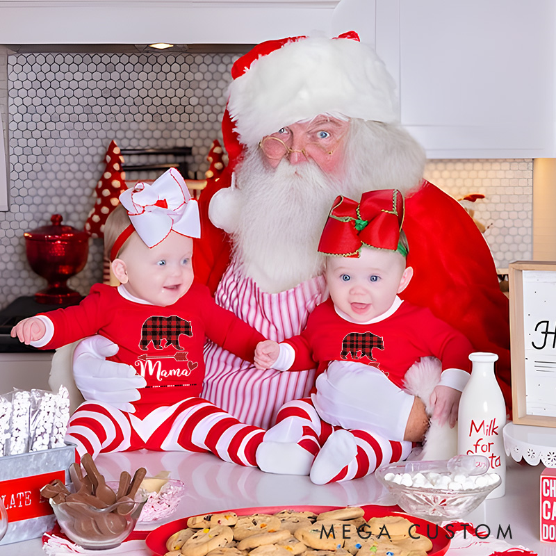 Personalized Plaid Bear Kids Pajamas with Cozy Red and White Stripes for a Warm Winter Night