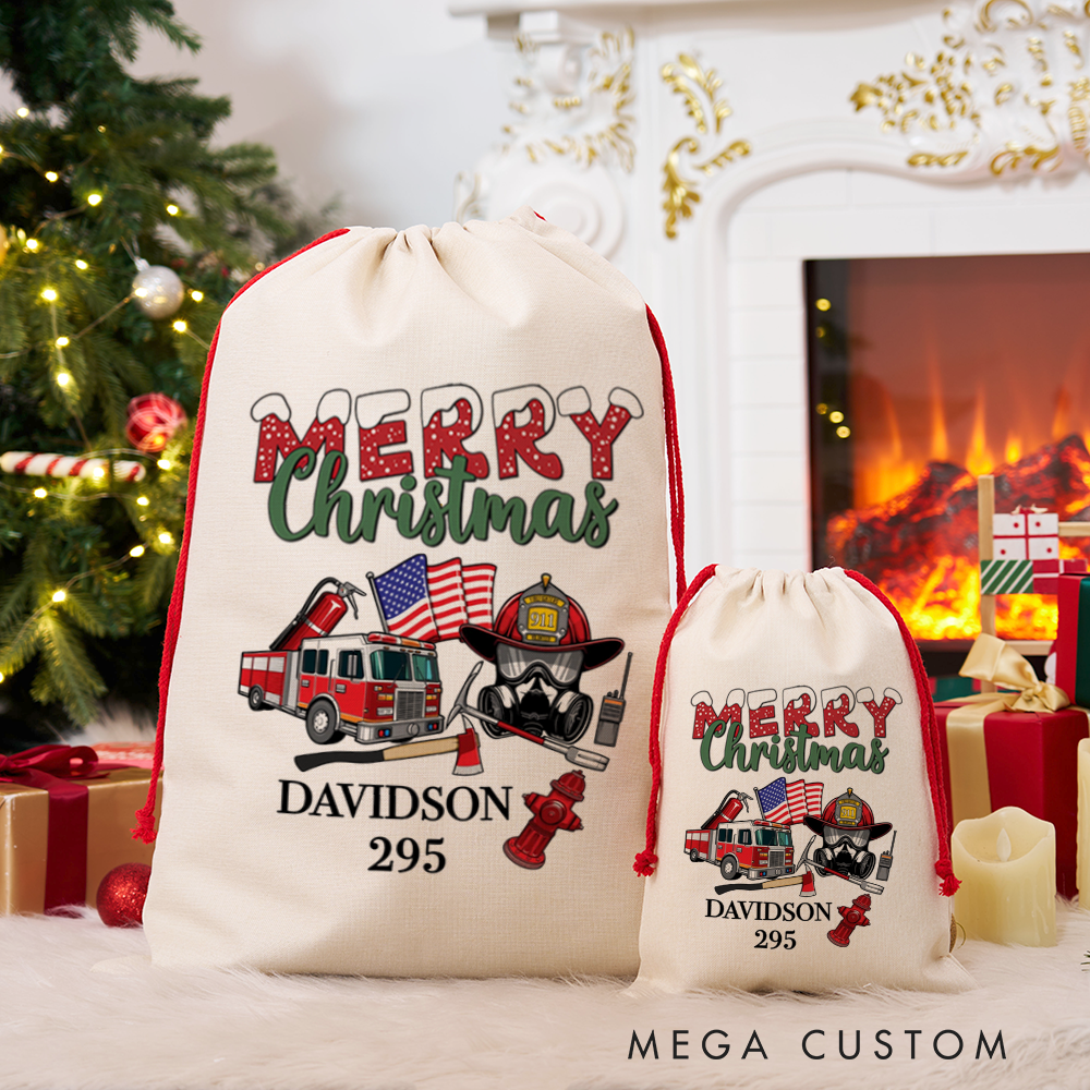 Personalized Merry Christmas Sack Firefighter Themed Design with Fire Truck and Gear Perfect for Firefighter Holiday Gifts