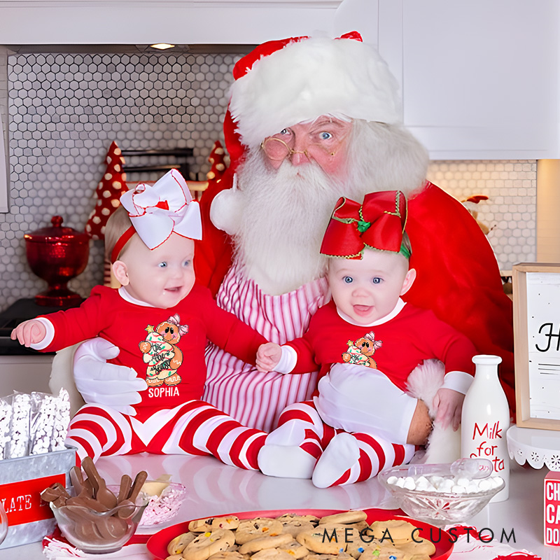 Personalized Gingerbread Man Kids Pajamas with Festive Red and White Stripes for Holiday Joy