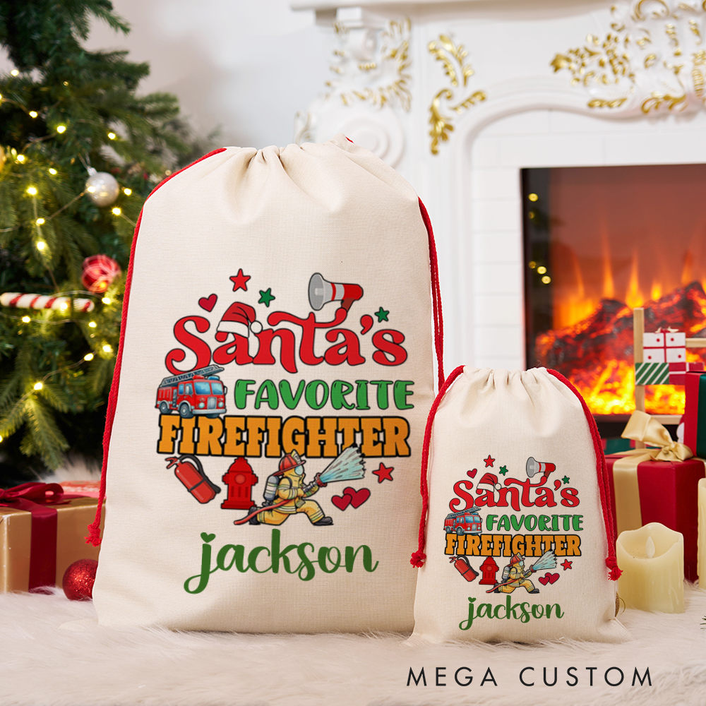 Personalized Santa's Favorite Firefighter Christmas Sack Firefighter Themed Design Perfect for Firefighter Holiday Gifts