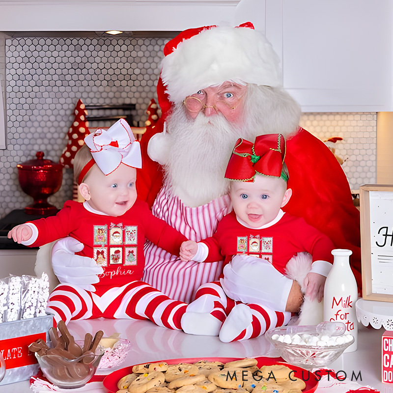 Personalized Christmas Window Kids Pajamas with Festive Scenes and Red and White Stripes for Holiday Magic