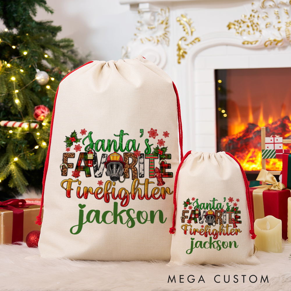 Personalized Santa's Favorite Firefighter Christmas Sack Festive Design Perfect for Firefighter Holiday Gifts