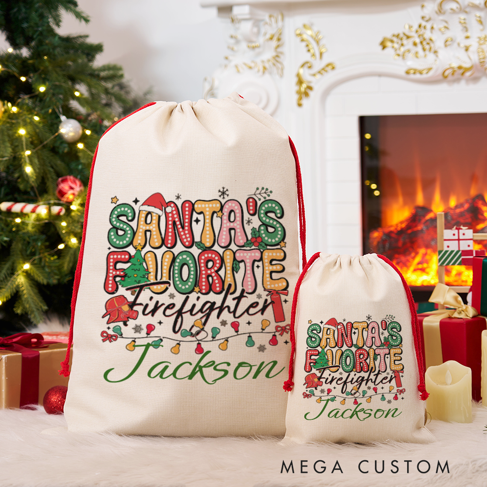 Personalized Santa's Favorite Firefighter Christmas Sack Cheerful Design Perfect for Firefighter Holiday Gifts