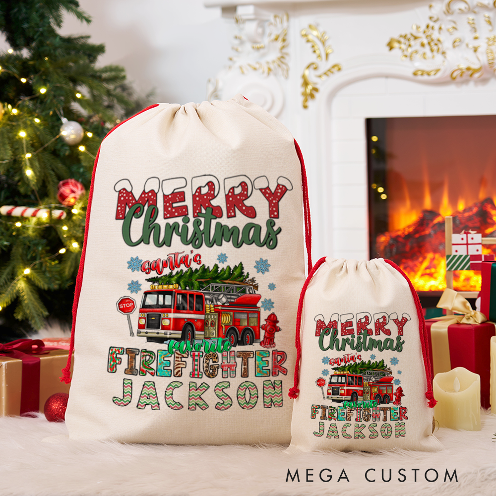 Personalized Merry Christmas Sack Santa's Favorite Firefighter Themed Design Perfect for Firefighter Holiday Gifts