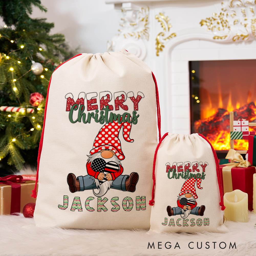 Personalized Merry Christmas Sack Firefighter Gnome Design Perfect for Firefighter Holiday Gifts