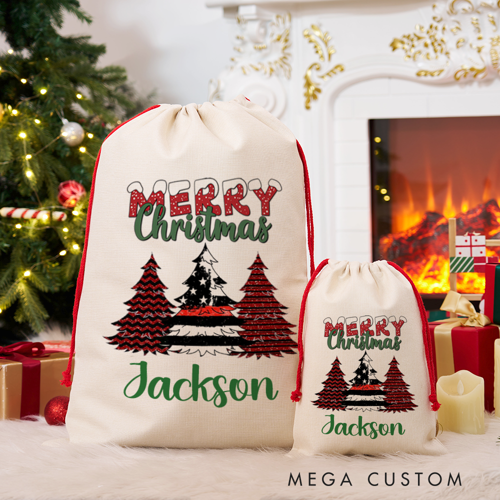 Personalized Merry Christmas Sack Festive Tree Design Perfect for Firefighter Holiday Gifts