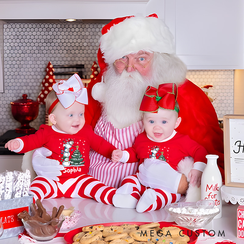 Personalized Christmas Tree Kids Pajamas with Snowy Scene and Stripes for a Merry Celebration