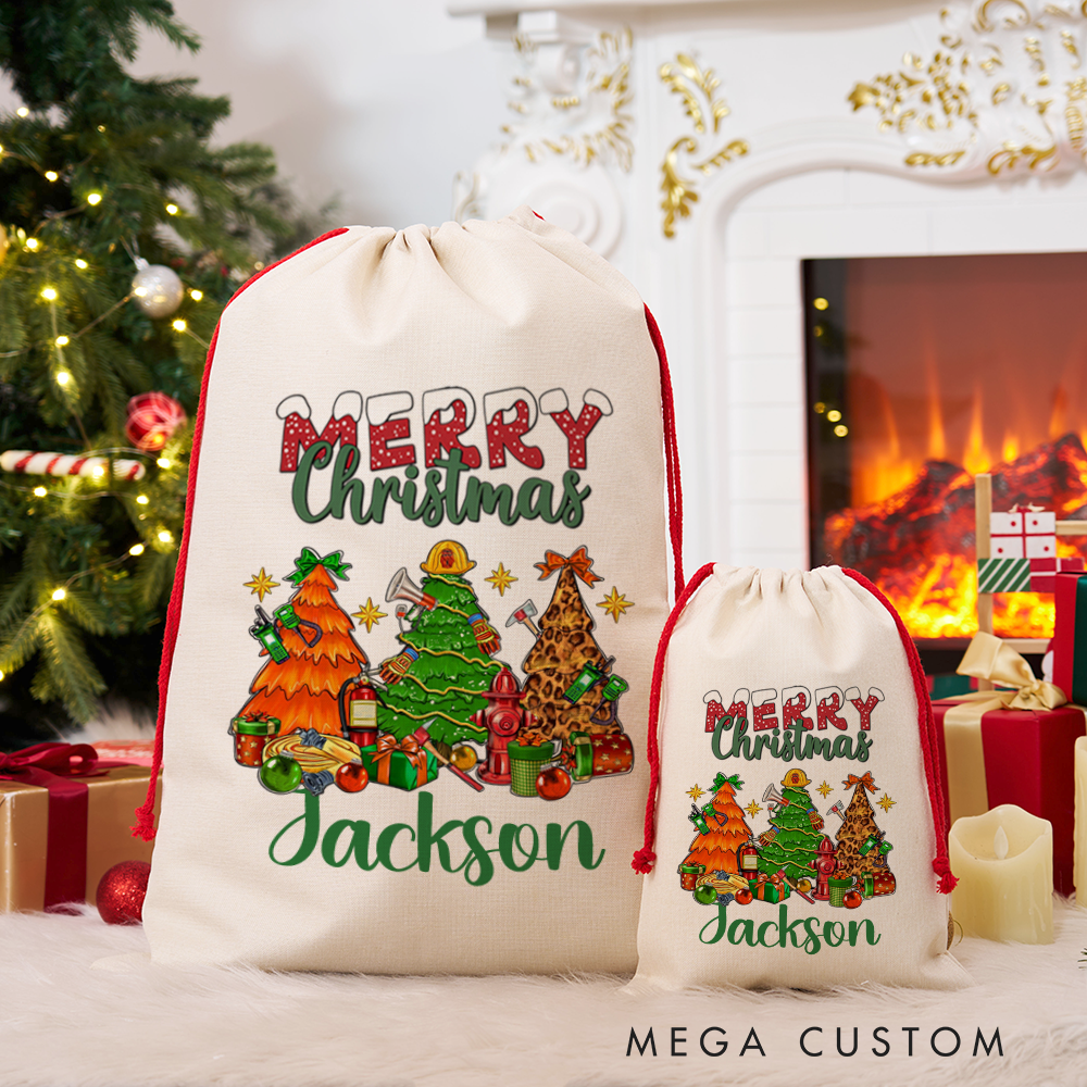 Personalized Merry Christmas Sack Firefighter Themed Christmas Tree Design Perfect for Holiday Gifts