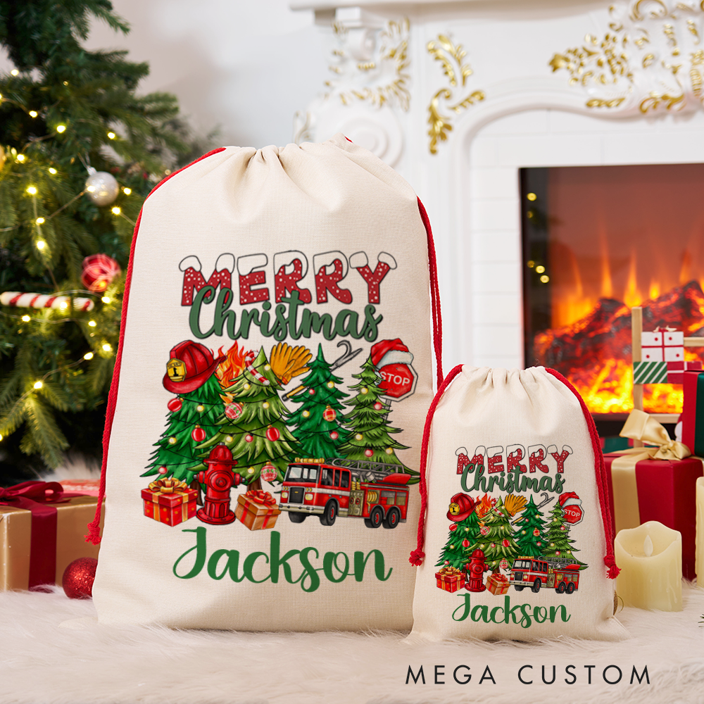 Personalized Merry Christmas Sack Firefighter Themed Festive Tree and Firetruck Design Perfect for Holiday Gifts