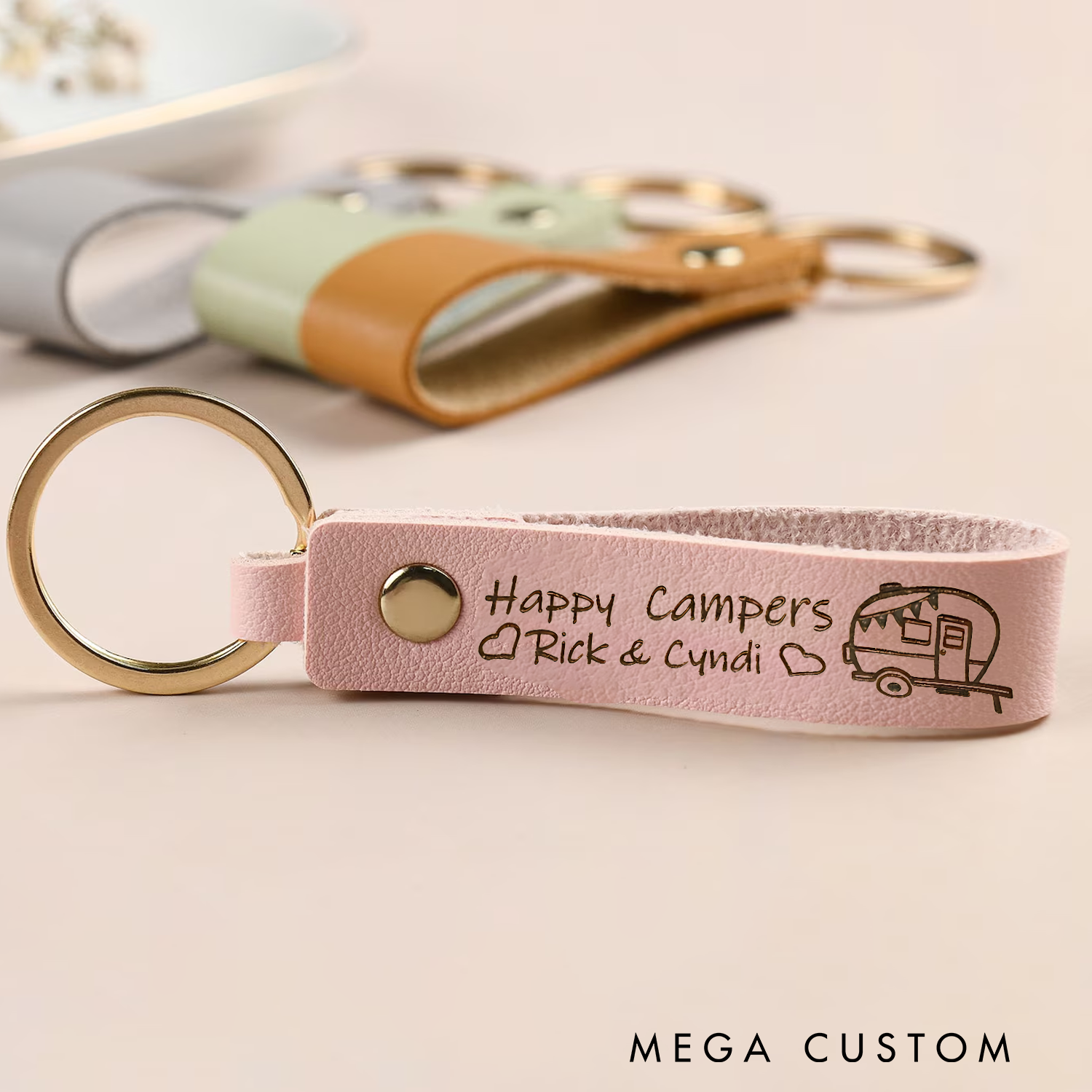 Personalized Happy Campers Leather Keychain Couples Outdoor Keychain Camping Lovers Rv Life Gift