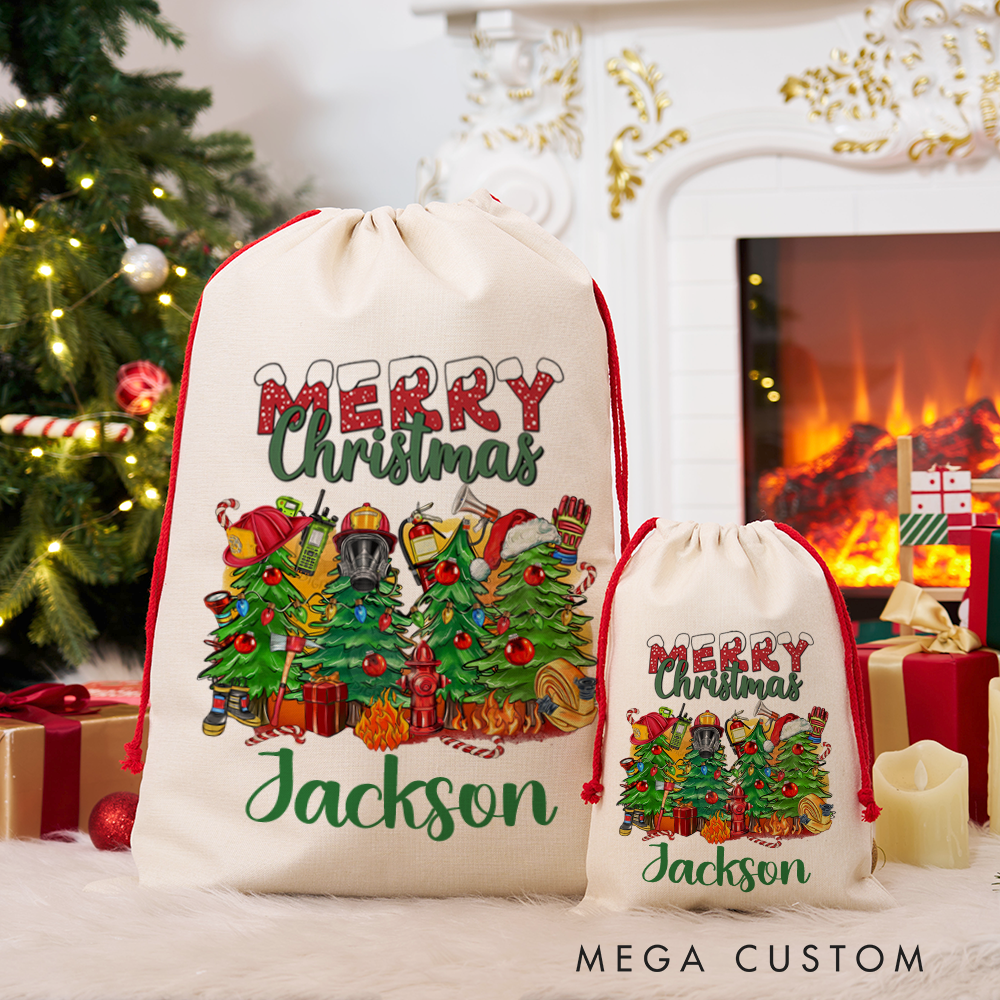 Personalized Merry Christmas Sack Firefighter Themed Christmas Tree and Gear Design Perfect for Holiday Gifts