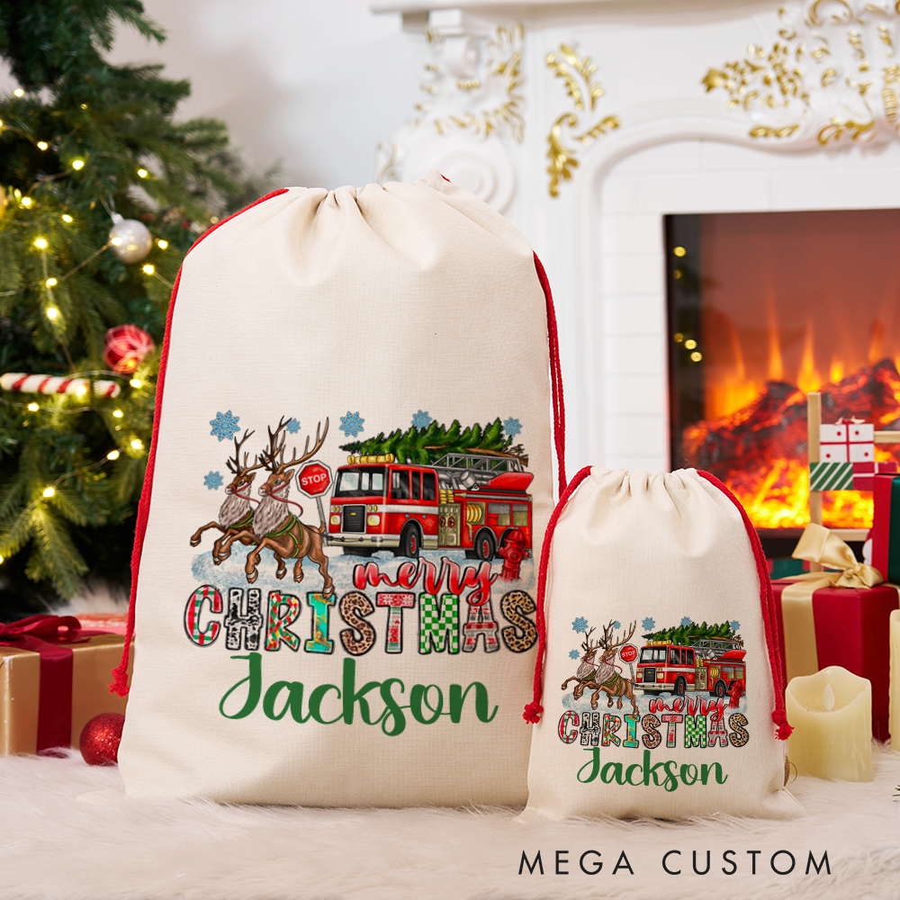 Personalized Merry Christmas Sack Firetruck and Reindeer Design Perfect for Holiday Gifts