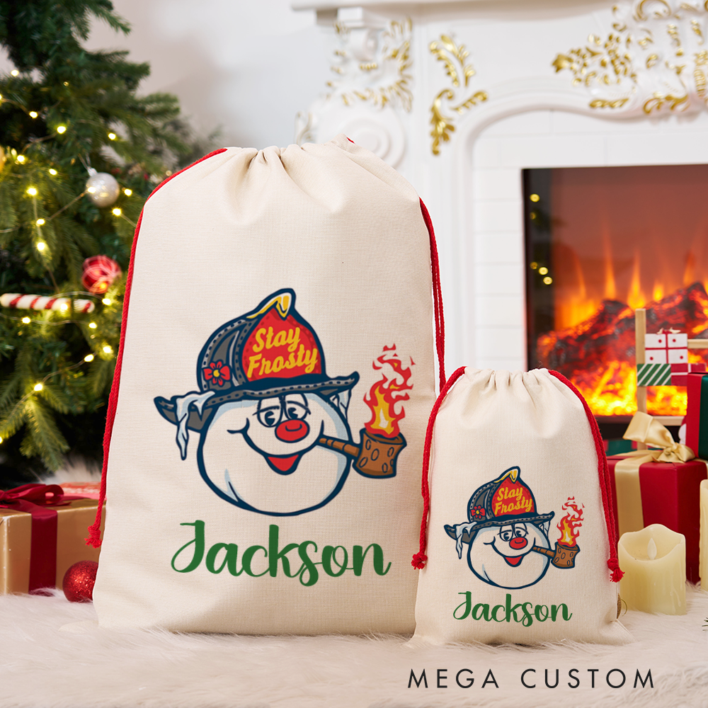 Personalized Stay Frosty Firefighter Snowman Christmas Sack Fun and Festive Design Perfect for Holiday Gifts