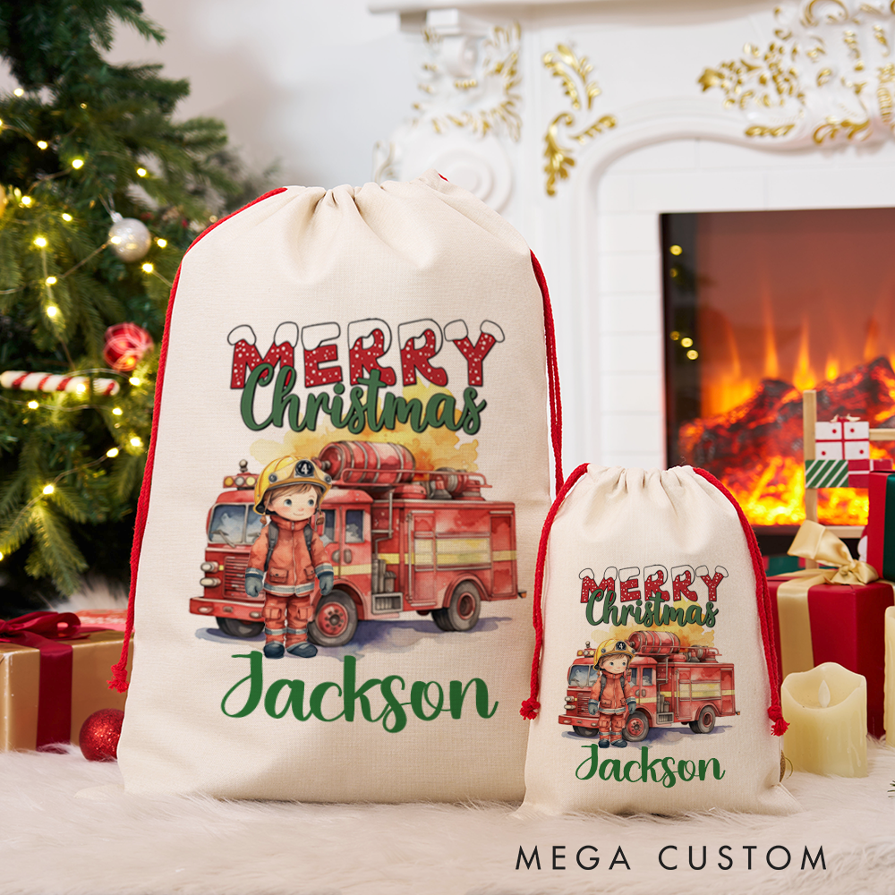 Personalized Merry Christmas Sack Firefighter and Firetruck Watercolor Design Perfect for Holiday Gifts