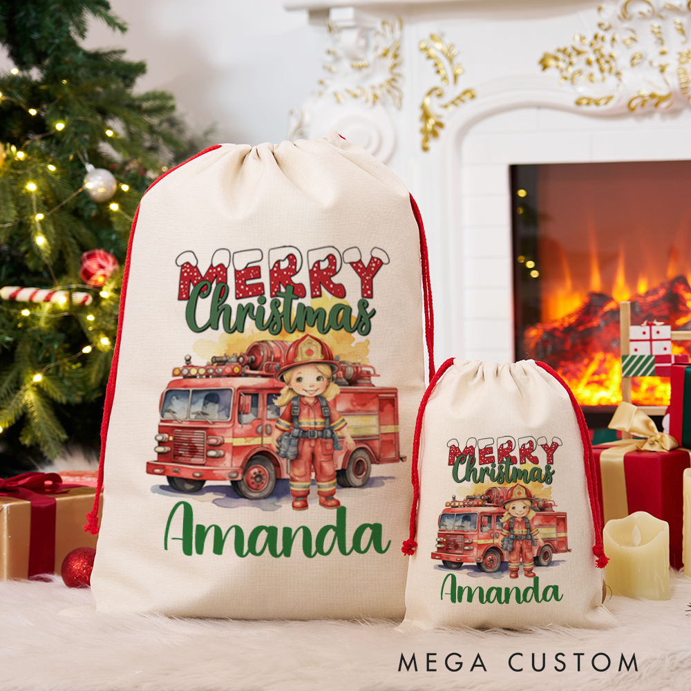 Personalized Merry Christmas Sack Firefighter and Firetruck Watercolor Design Perfect for Holiday Gifts