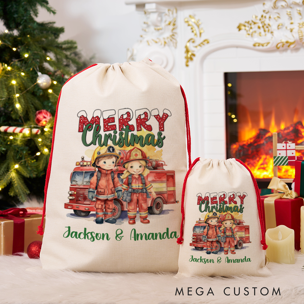 Personalized Merry Christmas Sack Firefighter Duo and Firetruck Watercolor Design Perfect for Holiday Gifts