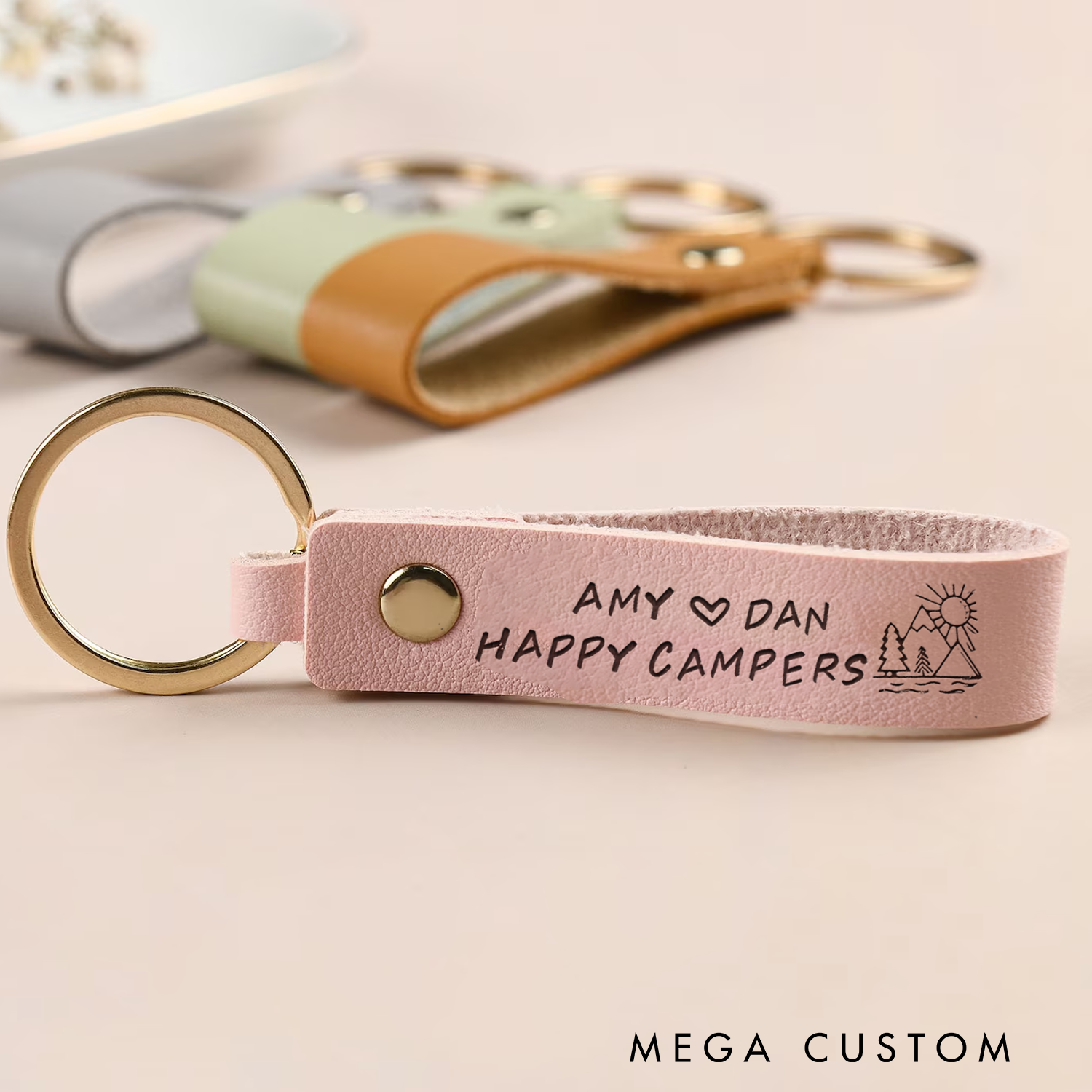 Personalized Custom Leather Keychains Happy Campers Leather Keychain Outdoor Camping Lovers Keychain